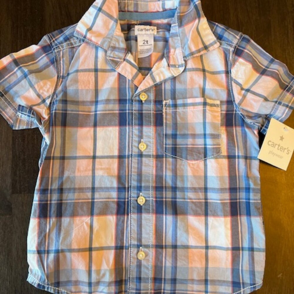 New Carters Toddler Plaid Button Down Front Short Sleeve Shirt (2T)